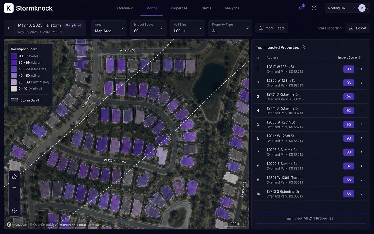 Stormknock map showing individual homes shaded by hail impact severity