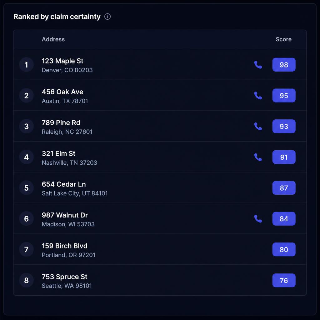 Addresses ranked by claim certainty