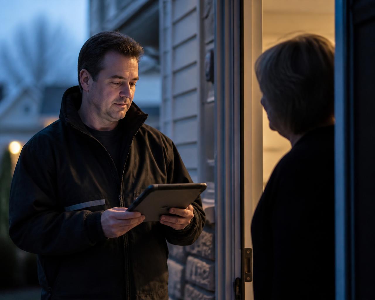 Roofing contractor with a tablet at a homeowner's front door at dawn